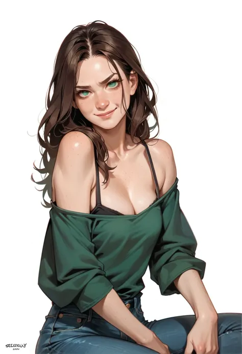 cartoon of a girl, sexy, slutty, seductive, brown hair, long hair, green eyes, closed mouth, smirk, freckles, perfect face, jean...