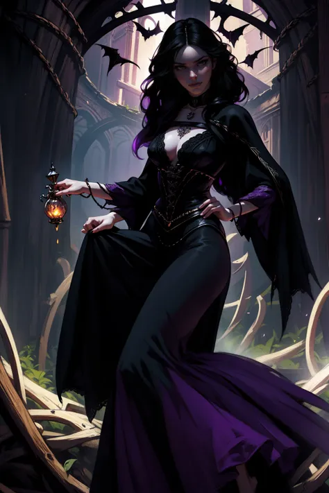 woman 35 years old, witchcraft, magician, victorian clothes, where poison potions and vines abound, a woman (yennefer), very lon...