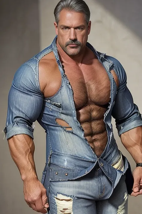 looking 60 years old, White male police detective with a mature, gentle behavior, Strong and muscular build, plumper, whisker, wearing (ripped dress tight jeans pants:1.5) and a translucent button-down shirt that reveals a hairy chest and a noticeable bulg...