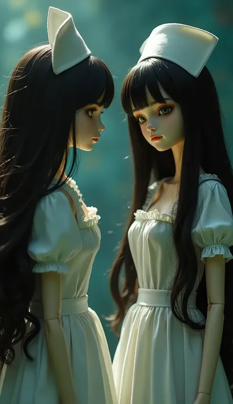 Beautiful Japanese dolls、Long Hair、Ball joints、Nurse Costume、Beautiful clavicle、Painting:Junji Ito、Van Gogh Background、Very dim lighting