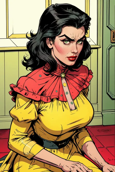 80s pop art, american propaganda comics style, Simple colors, close-up of a woman, lady killer 80s medium hair, black hair, green eyes, heavy make-up, red lipstick, provocative, angry face show at the viwer ,wearing a yellow Victorian dress with white polk...