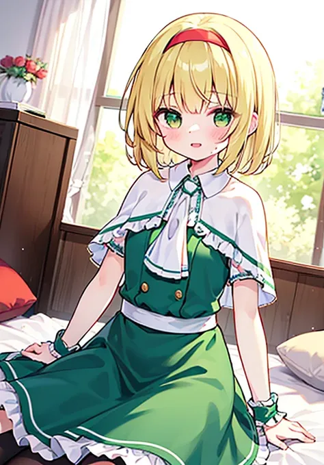 One girl, alice margatroid (East), green eyes, medium hair, blonde hair, White capelet, green dress, frilled dress, Ruffled Ascot, Red Ascot, Puffy Short Sleeve, red hairband, no hair band, frilled hairband, Alice&#39;s Spellbook, doll, Shanghai_doll_(East...