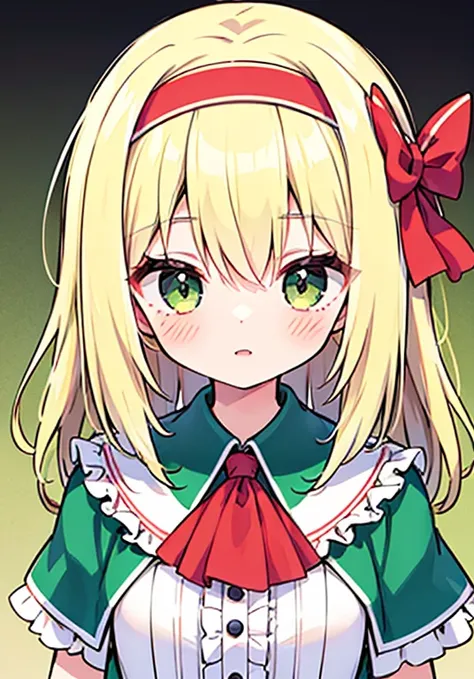 One girl, alice margatroid (East), green eyes, medium hair, blonde hair, White capelet, green dress, frilled dress, Ruffled Ascot, Red Ascot, Puffy Short Sleeve, red hairband, no hair band, frilled hairband, Alice&#39;s Spellbook, doll, Shanghai_doll_(East...