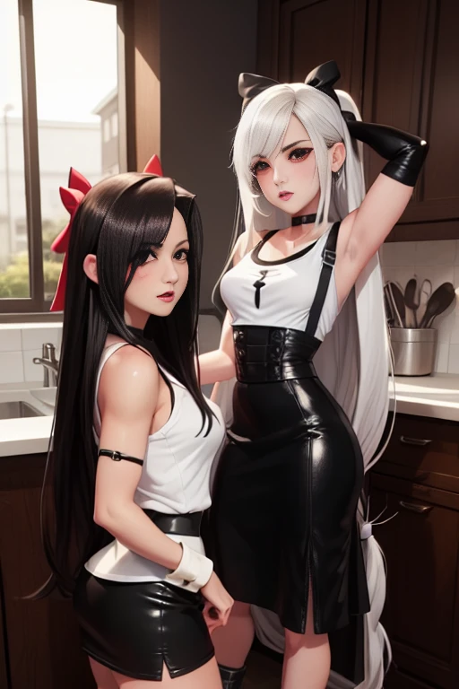 arafed woman in a black skirt and white top standing in a kitchen, tifa lockhart, tifa, glamorous tifa lockheart, tifa lockheart...