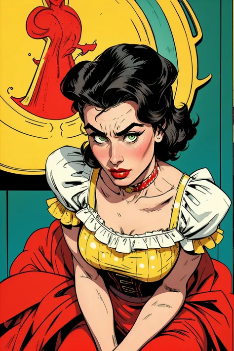 80s pop art, american propaganda comics style, Simple colors, close-up of a woman, lady killer 80s medium hair, black hair, green eyes, heavy make-up, red lipstick, provocative, angry face show at the viwer ,wearing a yellow Victorian dress with white polk...