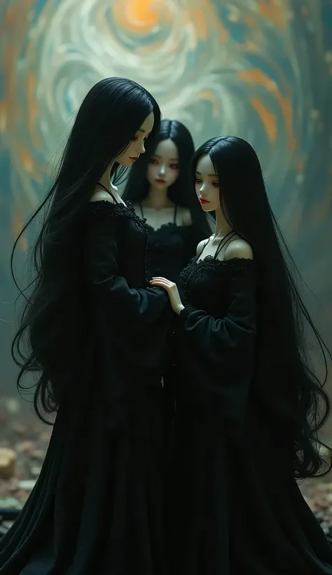 Beautiful Japanese dolls、Long Hair、Ball joints、Depression、Black Costume、Painting:Junji Ito、Van Gogh Background、Very dim lighting