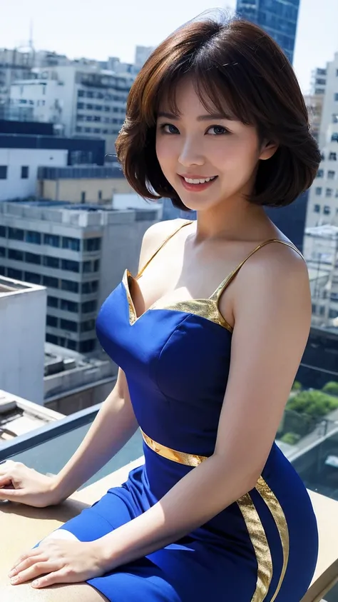 Medium Display, Medium Shot, Written boundary depth, bust,Photograph the whole body, Movie angle, masterpiece, Best Quality, Very detailed, CG, 8K wallpaper, Beautiful Face, Delicate eyes, Otome, Alone, smile, Have, Cobalt blue dress with gold trim, High h...