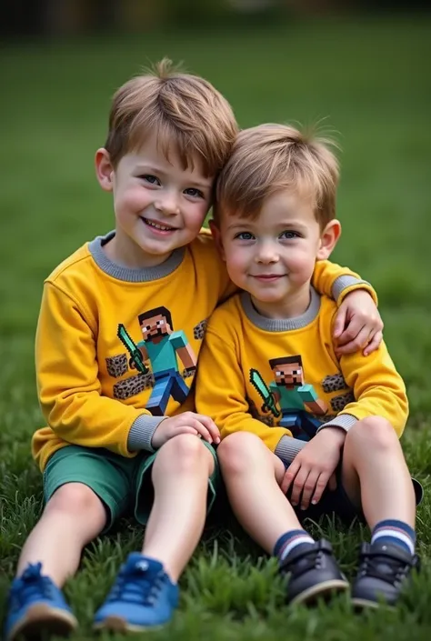 Photograph of a seven-year-old boy with his brother ,Sit down and wear blue nike shoes ,very elegant, Get up , brown blonde hair, brown eyes and white skin. The boy was wearing a yellow short-sleeved sweatshirt with a grey collar featuring graphics of Stev...