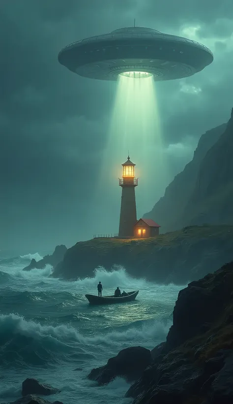 a lone lighthouse on a deserted island, a person drifting on a raft illuminated by the lighthouse, stormy weather, UFO in the sky