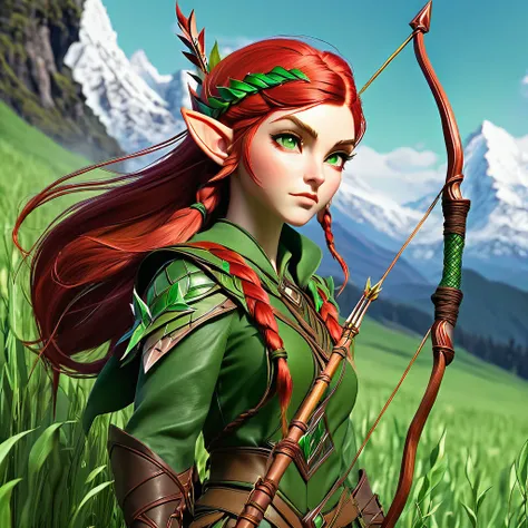 With pointy elf ears, the inspiration wears a light hunters outfit made of green and brown leather, blending in with nature. Her red hair is tied into a long, intricate braid while she holds a magical bow with sparkling arrows. In an open field surrounded ...