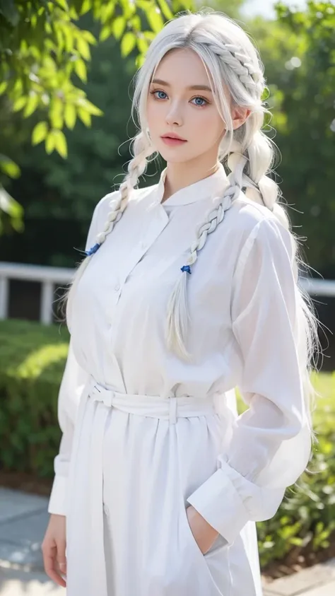 excellent, masterpiece, white hair, Blue Eyes, White clothes, whole body, hair, Fair skin, Side braids, Best quality