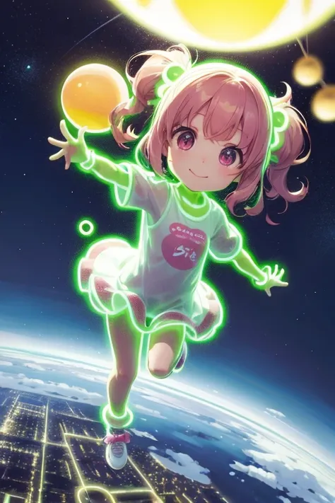 realistic、whole body、chibi musume、smile、cute shoes、neon light clothes、floating in the air、a soft, spherical light is emitted aro...