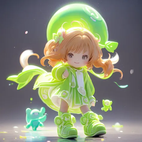 Realistic、whole body、Chibi Musume、smile、Cute Shoes、Neon light clothes、Floating in the air、A soft, spherical light is emitted around Chibi Musume.、Around town
