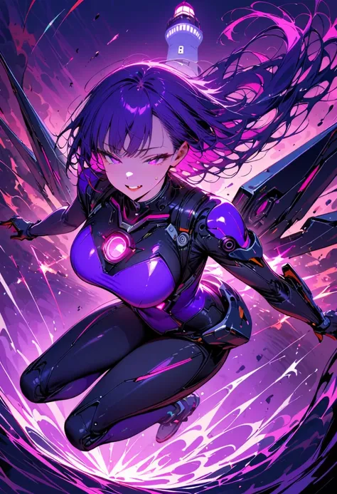 One young and beautiful woman,(Best Quality,Extremely detailed depiction,Incredibly absurd high definition,Anatomically accurate),(Futuristic body suit,Futuristic exoskeleton,Mechanical Wings,Mechanical thrusters),(Intensely glowing purple eyes,Half-closed...