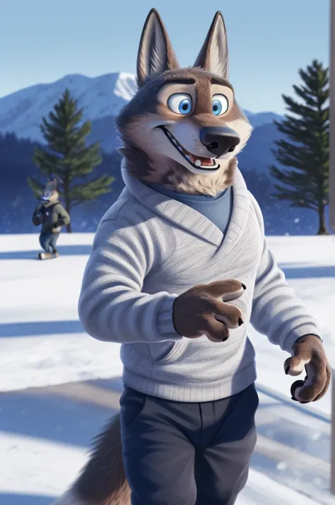 Larry (Zootopia), wolf, gray fur, (brown body:1.3), Blue eyes, Zootopia, Dressed, winter jacket sweater, trousers,is walking,canine, wolf, detailed fur, male, second, paw pads, finger claws,holds a camera, at viewer, 5 fingers, paws, 5 fingers,close to the...