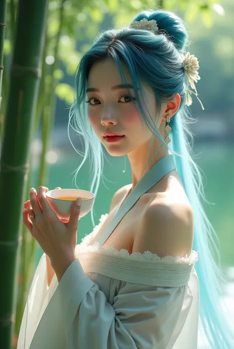 Masterpiece, best quality, photography, 8k wallpaper, very detailed, photo, 1 girl, chinese style, ink, sky blue hair, long hair, detailed eyes, forrest fun, bare shoulders, hanfu, lake, pure, soft smile, bamboo, tea, hyperrealistic 