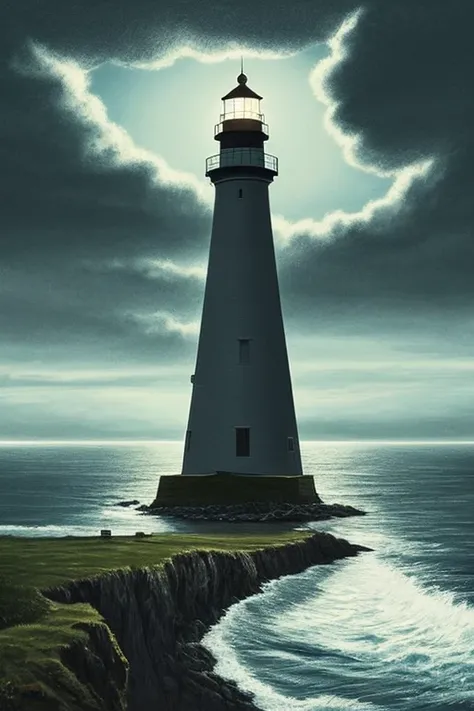 Generate an illustration in an illustrative style featuring a lighthouse perched upon a cliff. The scene takes place at nighttime, with the lighthouse emitting a powerful beam of light that cuts through the darkness and illuminates the sky above. The cliff...