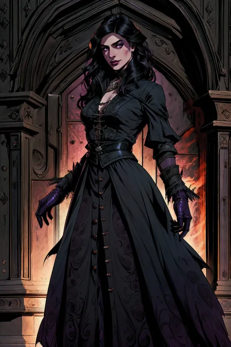 woman 35 years old, witchcraft, magician, victorian clothes, where poison potions and vines abound, a woman (yennefer), very lon...