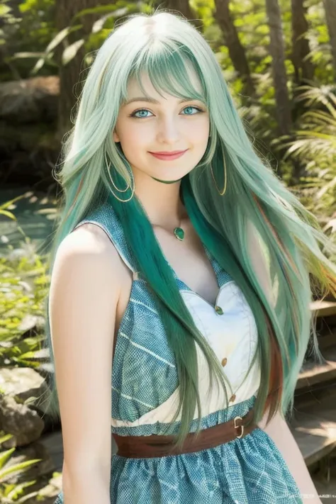 Woman, long green hair, beauty, blue eyes, big breats, sexy, delgada, dress short, legs, escote, smile, in nature