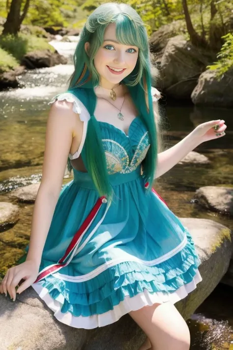 Woman, long green hair, beauty, blue eyes, big breats, sexy, delgada, dress short, legs, escote, smile, in nature