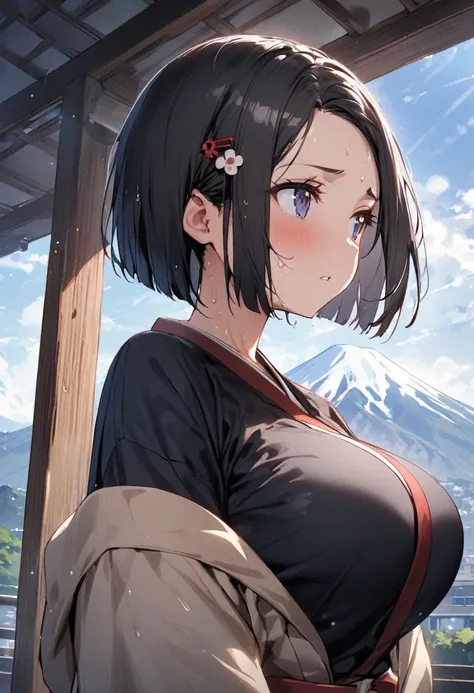 One Girl、high-school student、One Curl Bob Cut、Highest quality、Black Hair、Sweaty body、Big Breasts、look into the distance、(Show your forehead)、hairpin、look into the distance、Stations in Japan、Mountains can be seen in the distance