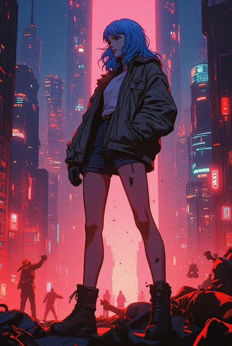 RAW Photos, riot, Cyberpunk Tower of God in the background, Fluorescent headgear, girl, Blue Hair,, 18 years old, Wearing a hoodie,The front is open、Dystopia、Shorts、Combat Boots
