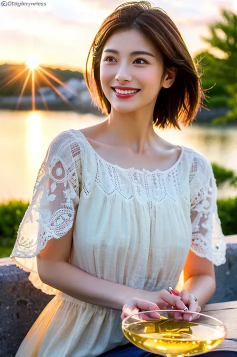 (Realistic, 超Realistic:1.4), 16K HDR, High resolution,((White Wine)),((Wine Glasses)),Happy smile、short hair,The best smile、Japanese actress,so beautiful(It looks like the real thing),dress、Slim couple、Model Couple、(Realistic, Intricate details:1.2), Amazi...