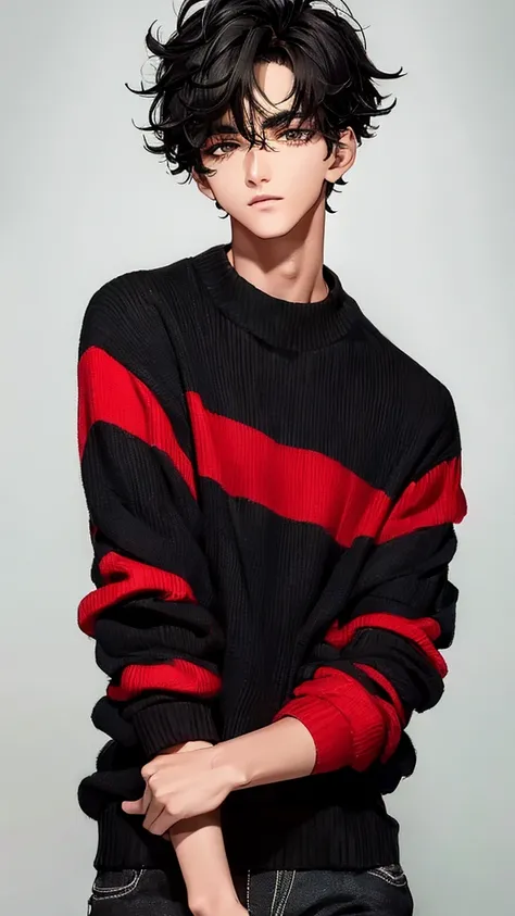  Male, messy black hair that covers his dark brown eyes, bold black eyeliner, a black and red striped sweater and black jeans.Blank Eyes, Simple background, Backlighting, 