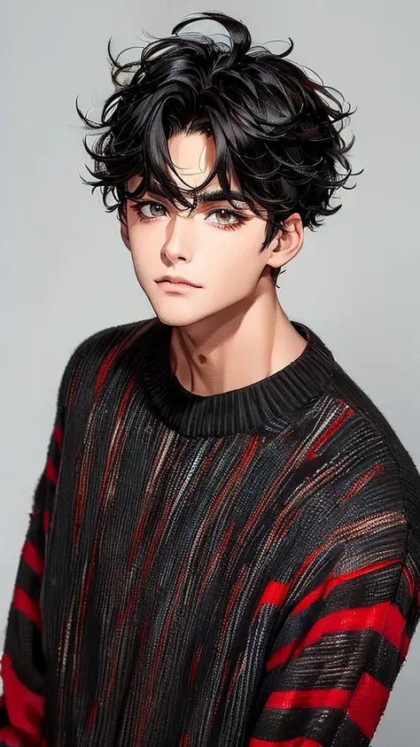  Male, messy black hair that covers his dark brown eyes, bold black eyeliner, a black and red striped sweater and black jeans.Blank Eyes, Simple background, Backlighting, 