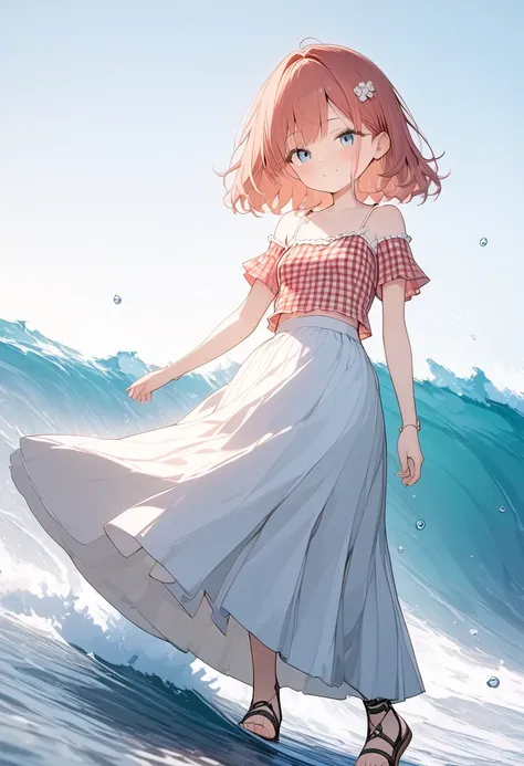 (8k, Best Quality, masterpiece: 1.2),Ultra-high resolution, 1 person, cute, Alone ,Small breasts, Highly detailed face, 白いLong skirt, The top is a red gingham checked camisole., Short sleeve, 白色のLong skirt, The top is a red gingham checked camisole., 白色のSh...