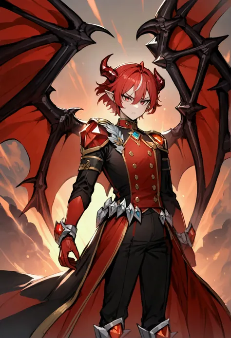 masterpiece, DETAILED, best quality, male boy, ((Red colored hair, garnet)), multicoloured hair , high, uniforme elegant colegial, demonic horns, dragon wings, short hair, disheveled hair, Gloves, serious expression, pointy ears, (red hair) , (cabello colo...