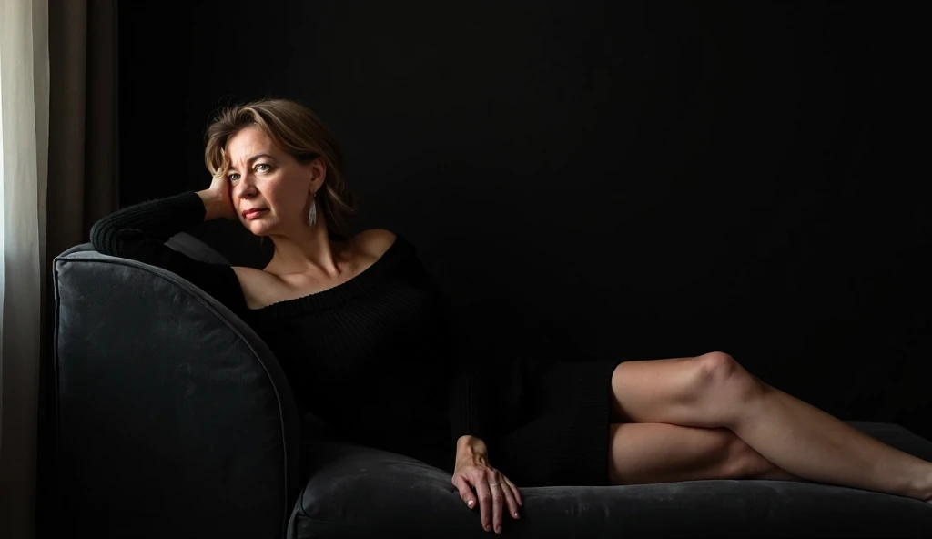 (photoRealista:1.4), full body, (wearing a black black sweater dress, An exposed shoulder:1.2), (bare legs), Absolutely black background. a 35 year old woman, skin with the texture of its age, plano general, dark eyes, deep and thoughtful look, towards the...