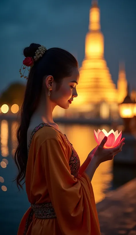 Photograph, a thai girl, idol face, 20 years old, wearing traditional Thai costume, holding a krathong (lotus shape), looking at the krathong, softly smiling, sitting side of the river,at night, bright beautiful temple at the background, a few lanterns aro...