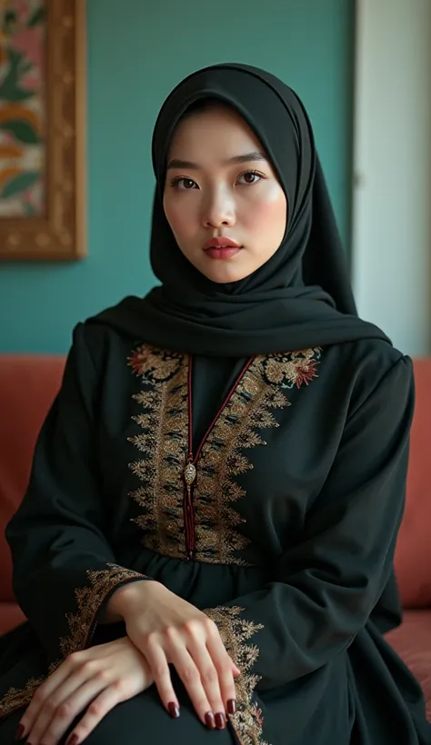 ((Colourful Themes, Realistic Room Light, Best Quality Photo, 64K, Masterpiece: 1.5)), Hyperrealism: 1.5, (1Girl), ((Full Hijab)), Plump Body, Big Breasts, Beautiful and Detailed Face, Chinese Muslim Woman, Natural Skin, Wearing Long Patterned Hijab, Moder...