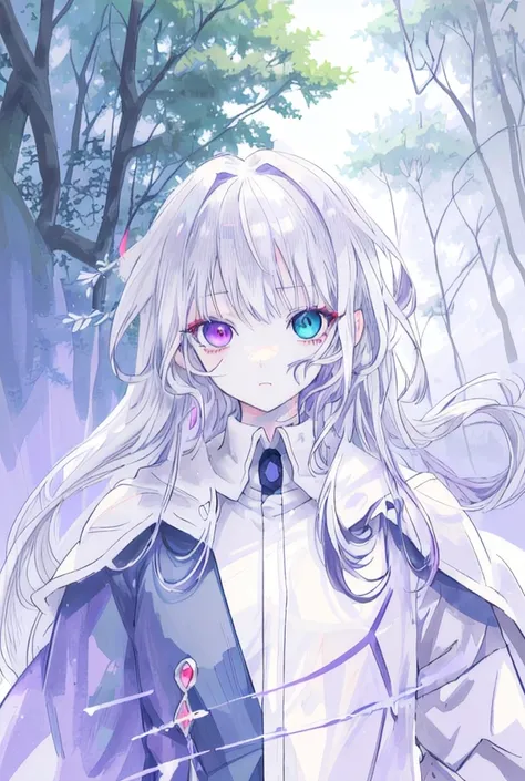 anime, face, Gray Hair, blue eyes, heterochromia,purple eye,blue eye., Long Hair, White background,High resolution, High detail, In the forest, White Cape