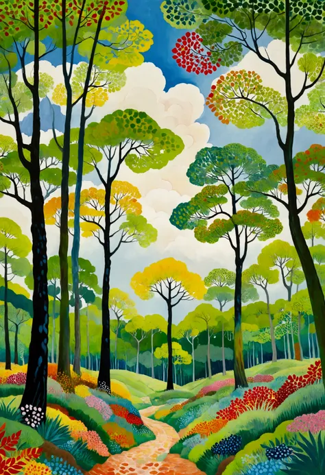 tree々Colorful landscape painting with clouds, Vibrant gouache landscape, Whimsical Forest, 色とりどりのtree々, treeのある丘, Nature Painting, Bright Forest, 草原の丘の中のtree々, Colorful landscape painting, 詳細なtree, tree々A lot, Forest Painting, Random forest scenery, tree々T...