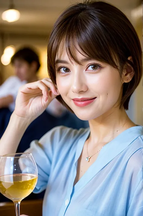 ((White Wine)),((Wine Glasses)),(Realistic, 超Realistic:1.4), 16K HDR, High resolution,((White Wine)),((Wine Glasses)),Happy smile、short hair,The best smile、Japanese actress,so beautiful(It looks like the real thing),dress、Slim couple、Model Couple、(Realisti...