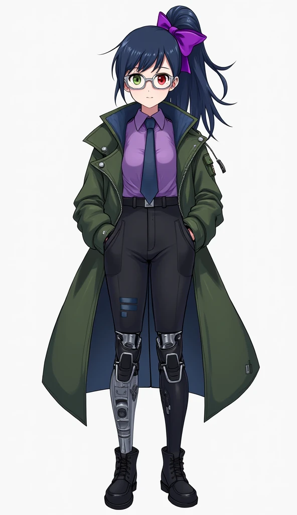 Dark blue high ponytail with purple bow、 different color eyes （Left red、Right olive green） 、wear glasses （silver frame）、whole body義肢、Purple shirt with dark blue tie、black trousers、Wearing a military green coat、Black leather shoes、anime style、whole body、Hig...