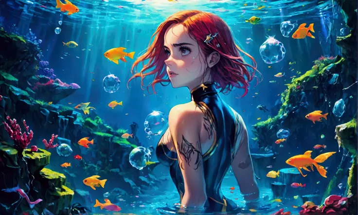 a cute girl, (Emma Watson, age 25 adult mature, amazing butt), underwater, bright colored hair, star tramp stamp tattoo, swimming and struggling to surface, a giant water spider has her and is pulling her down deep into the depths of the lake dragging her ...