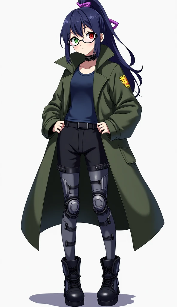 Dark blue high ponytail with purple bow、 different color eyes （Left red、Right olive green） 、wear glasses （silver frame）、whole body義肢、Dark blue vest、black trousers、Wearing a military green coat、Black leather shoes、anime style、whole body、High resolution 