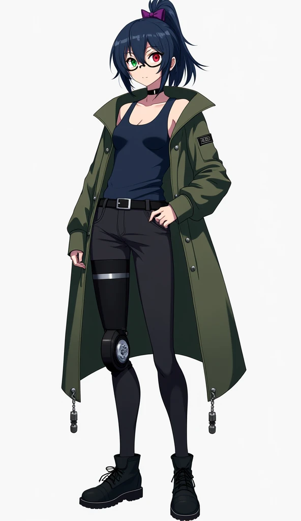 Dark blue high ponytail with purple bow、 different color eyes （Left red、Right olive green） 、wear glasses （silver frame）、whole body義肢、Dark blue vest、black trousers、Wearing a military green coat、Black leather shoes、anime style、whole body、High resolution 