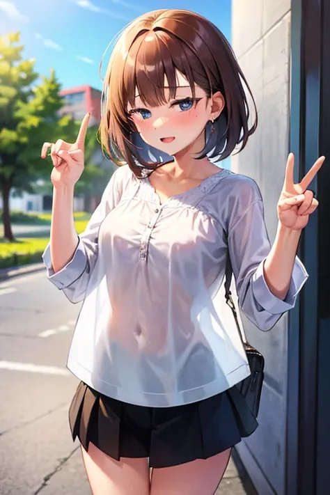 One girl,university student,Brown Bob,White blouse,Peace sign