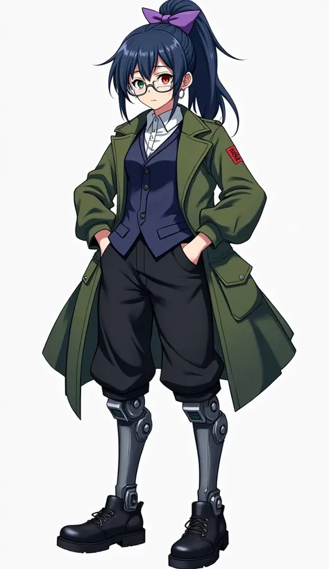 Dark blue high ponytail with purple bow、 different color eyes （Left red、Right olive green） 、wear glasses （silver frame）、whole body義肢、Dark blue vest、black trousers、Wearing a military green coat、Black leather shoes、anime style、whole body、High resolution 