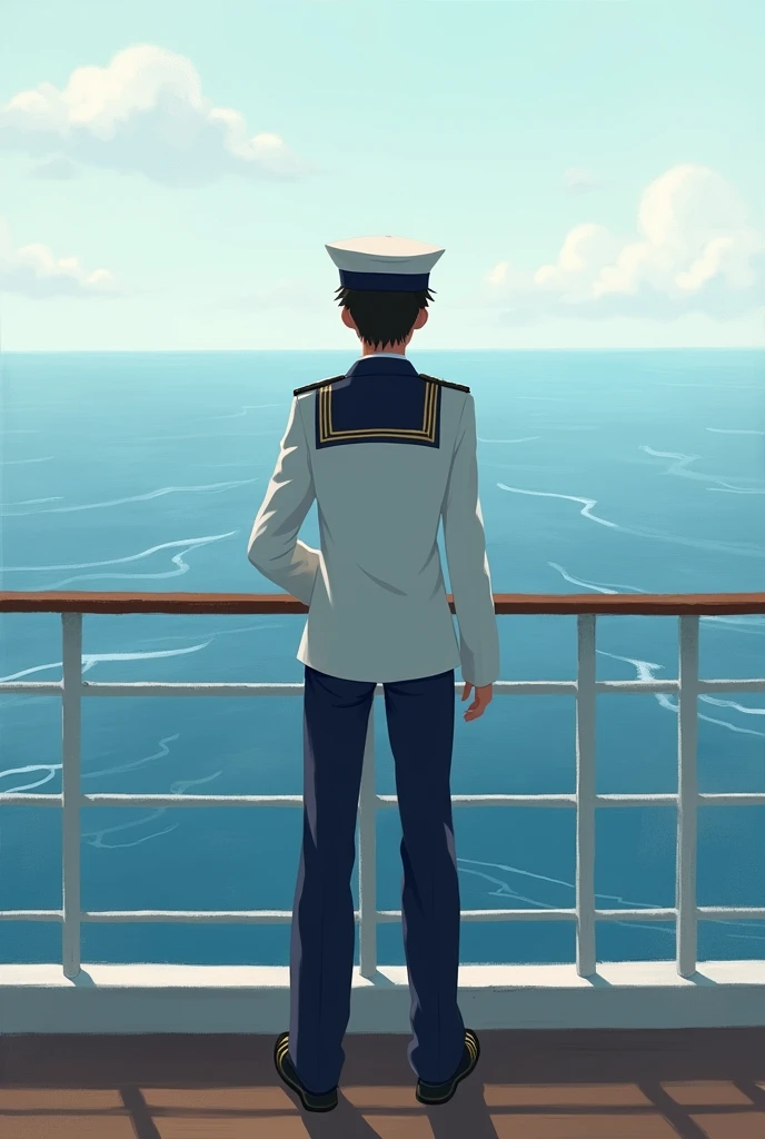 A painting of a teenage boy wearing a uniform of a seafarer captain looking out on the sea while in a modern ship make it less detailed and more easy to paint