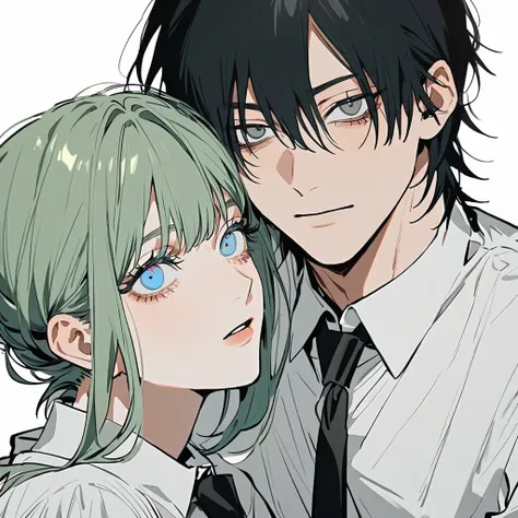 1 older woman with long, Light green hair and blue eyes,ging 1 younger boy with short black hair and gray eyes,(), ((Couple)),With a white blouse and black tie, White background, Estilo Chainsaw Man 