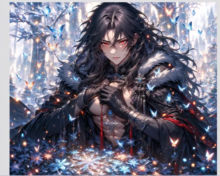 absurdres, highres, ultra detailed, HDR) master piece, best quality, extremely detailed, detailed eyes, detailed face, Xue Yu, black hair, long hair, messy untamed hair, hair between the eyes, expressive red eyes, Thousand Years War, solo, sexy man, adult ...