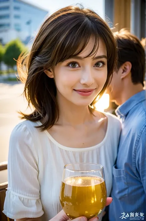 ((White Wine)),((Wine Glasses)),(Realistic, 超Realistic:1.4), 16K HDR, High resolution,((White Wine)),((Wine Glasses)),Happy smile、short hair,The best smile、Japanese actress,so beautiful(It looks like the real thing),dress、Slim couple、Model Couple、(Realisti...