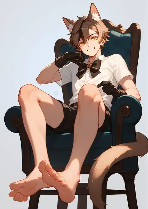 score_9,score_8_up,score_7_up,ncaaoo33,1boy,feet focus,feet,barefoot,toes,foreshortening,solo,sitting,golden eyes,gloves,spread toes,brown hair,toenails,animal ear fluff,streaked hair,boy,simple background,chair,bare legs,looking at viewer,multicolored hai...