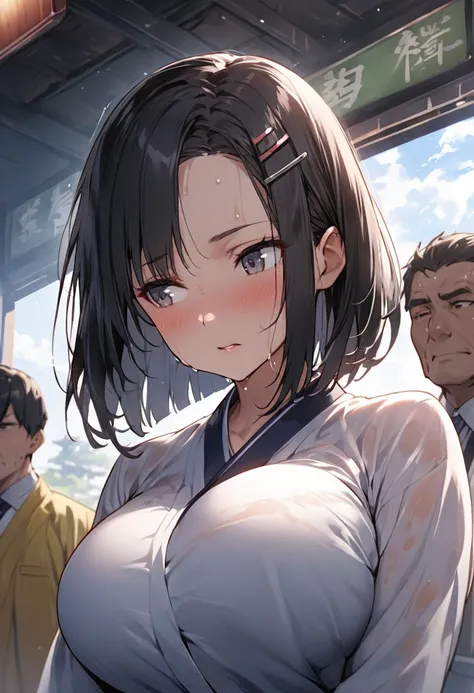 One Girl、high-school student、One Curl Bob Cut、Highest quality、Black Hair、Sweaty body、Big Breasts、look into the distance、(Show your forehead)、hairpin、look into the distance、(Stations in Japan)、(Middle-aged men on both sides:1.3)