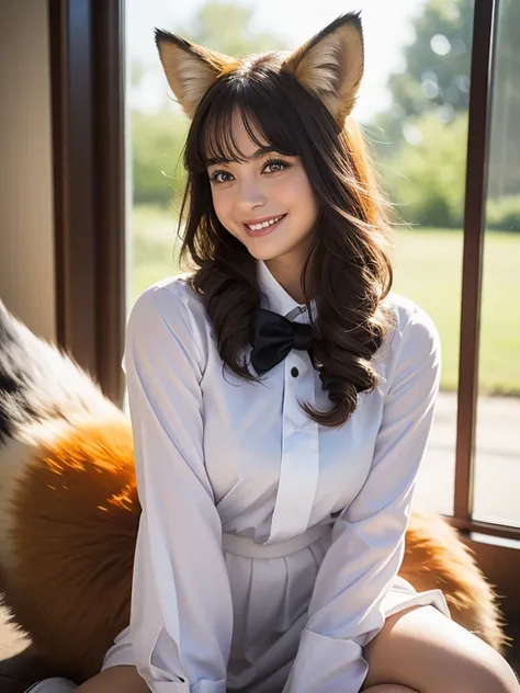 ((Best Quality, 8k)), ((masterpiece)), (Highest Resolution), Perfect Face, Woman with fox ears, Woman with a tail, Beautiful woman, She is a student at school, It was taken at school, Only one tail, She has thick thighs, Her big fox tail, I can see her fox...